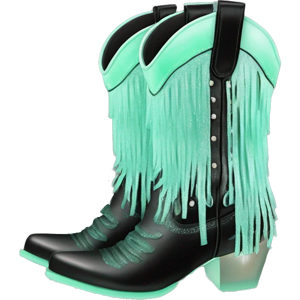 Realistic pastel mint green to black ombre pair of fashion cowgirl boots with sparkly shiny glitter fringe on them. emoji