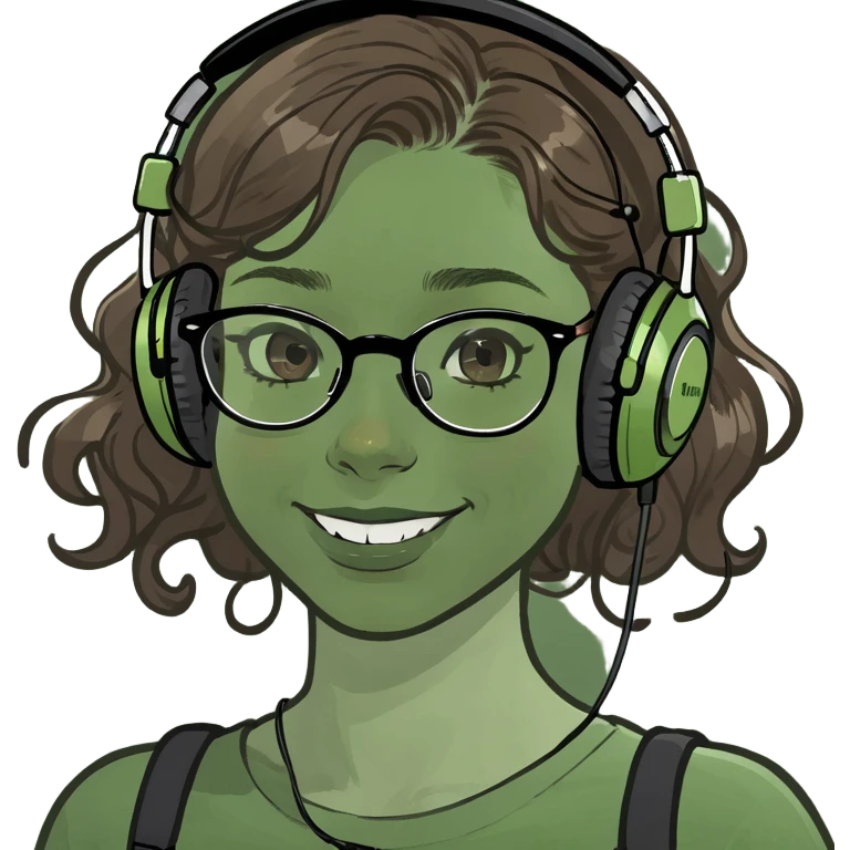 White girl wearing headphones with wavy brown hair and full and layers cut with full cheeks with beauty mark on the left cheek and braces and glasses  emoji