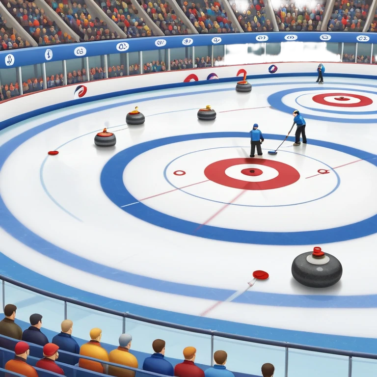 An icon showing a curling match on an indoor ice stadium, with a polished curling stone gliding toward the target and players sweeping. Spectators watch from stands, and flags hang above the rink. Transparent background highlights strategy and focus in the sport of curling. emoji