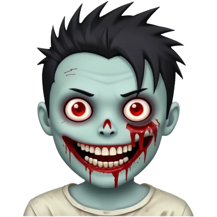zombie boy with emo spiky hair, white skin, and white eyes; an open smile, and bloodied teeth; emoji