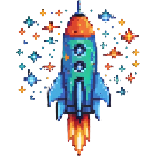A retro pixel art style space rocket with bright colors and stars around it emoji