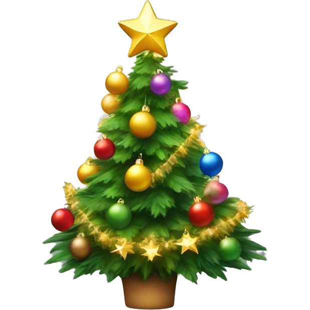 Christmas trees with bright decorations – colorful balls, a golden star on top and a garland emitting soft light. The Christmas tree should be lush and green, convey comfort and festive mood emoji
