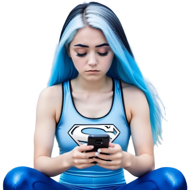 Shameful disappointed crying-very very very very big chest-texting on a samsung cell phone-very long straight flowing black to sky blue hair ombre-blue eyes-black eyeliner-long eyelashes-plastic sparkling sky blue very low cut tank top with sparkling superman logo-black leggings-nike sneakers emoji