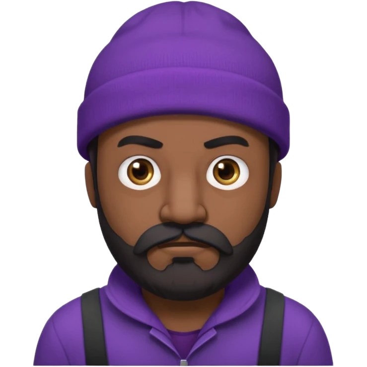 Epic anime Berserker type character. He is a middle age man with dark beard and mustache, baggy eyes and a stoic furious look. He’s wearing a purple beanie and black clothes.  emoji