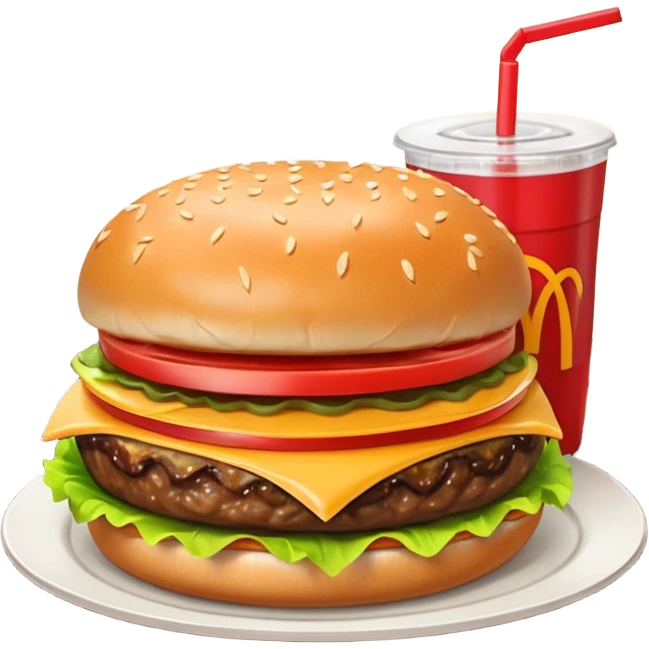 i want a Cheeseburger and Fries with a angle to 15–20° gentle bird’s-eye angle with a cold drink with ice cube with straw with some fries thicker like McDonald's french fries emoji
