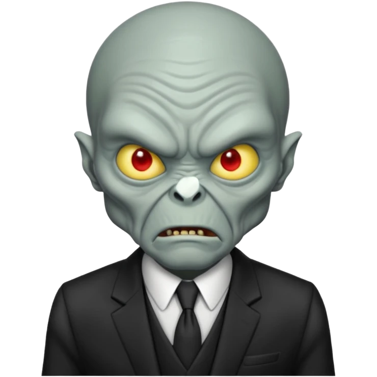an old alien with black suit, grey skin, angry emoji