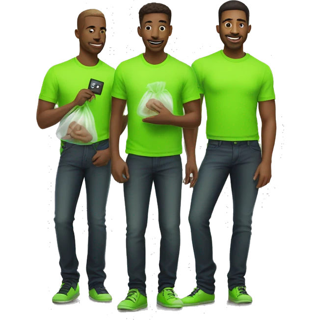 group of men in neon green shirts holding a small clear bag in one hand and a key in the other emoji
