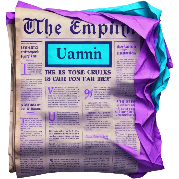 newspaper with headlines and neon glow effect, blue neon glow on top left, purple neon glow on bottom right emoji
