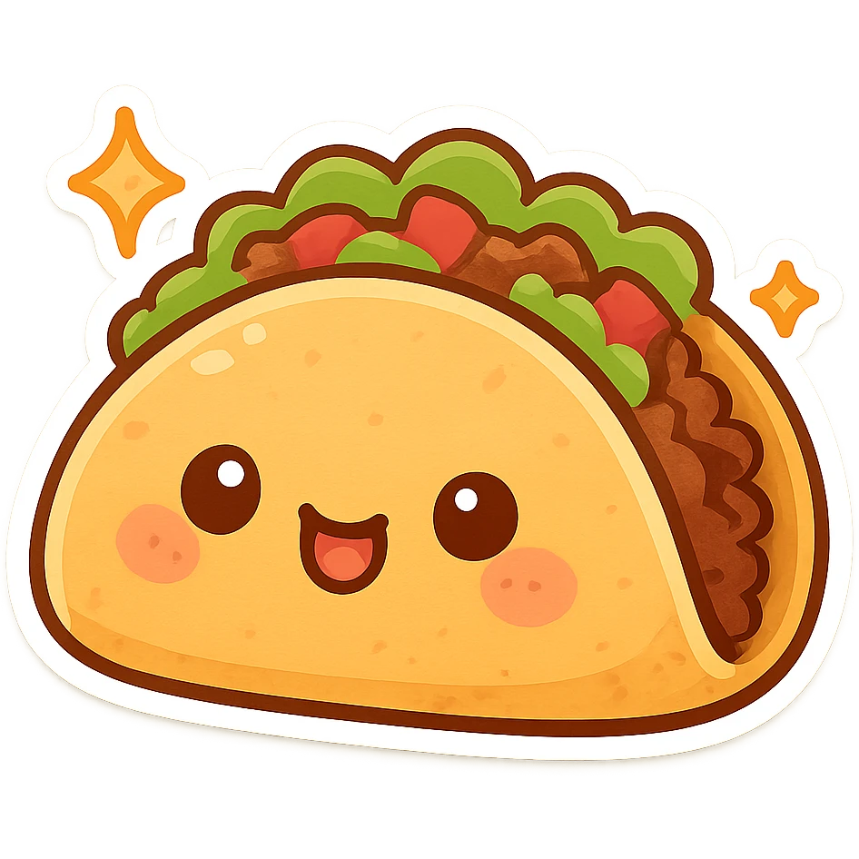 chibi sticker-style taco with sparkles, cute and exaggerated emoji