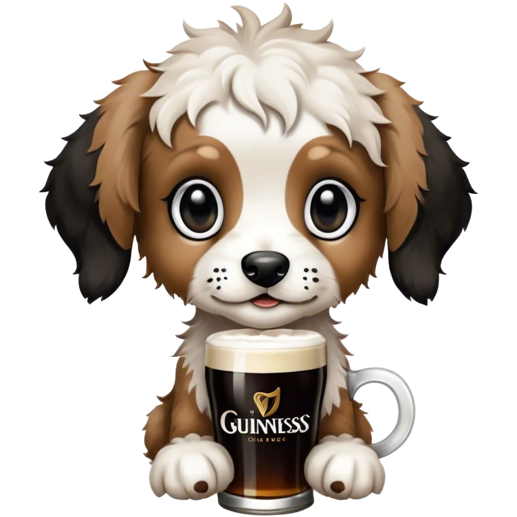Puppy. Jackapoo. White and black face. Black pointy floppy ears. Black circles around eyes. Holding a Guinness.  emoji