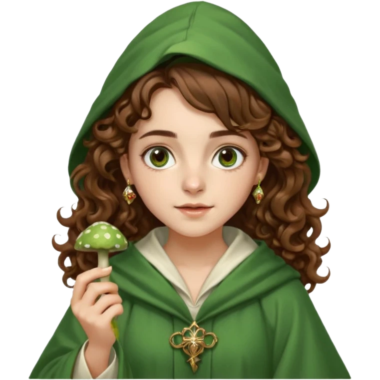 very beautiful italian girl, looking like Emma Watson, with curly and big volume very bright brown hair, and a golden piercing ring in nose on left side, dressed in a beautiful wizard robe of green colors, holding fly mushroom emoji