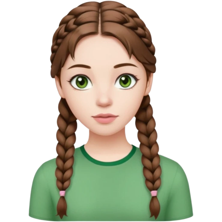 create an emoji of a young woman. She has a nice look, with long brown hair in a braid, dark green eyes, pale skin, natural soft pink lips. she wears a green y2k top emoji