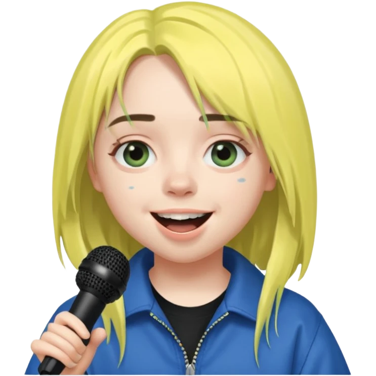 billie eilish is singing, holding mirco and smile emoji