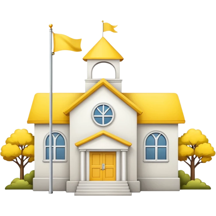 white background, magic school, with a flag, flag on a roof, yellow flag, white school emoji