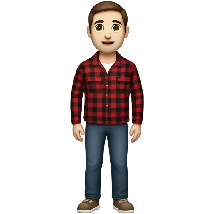Man with straight brown hair and brown eyes wearing red and black buffalo plaid pjs. White skin. Full body. emoji