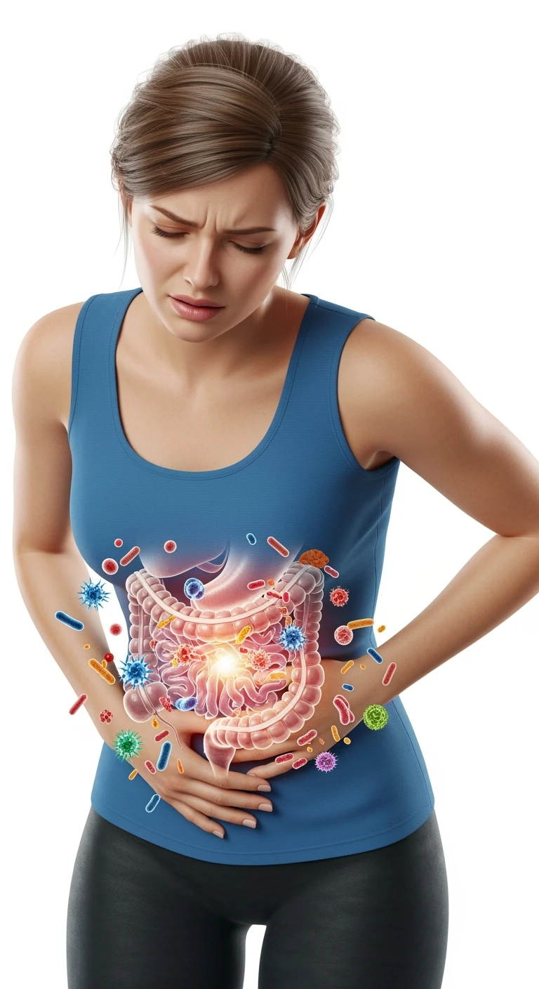 DONNA CON MAL DI PANCIA E INTESTINO UMANO ANATOMICO VISIBILE, BATTERI INTESTINALI FLUTTUANO INTORNO, IPERREALISTICO 4K, SFONDO BIANCO emoji