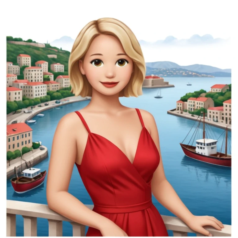 jennifer lawrence, red dress leaning on a balcony with a harbor and cityscape in the background, smiling, closeup emoji
