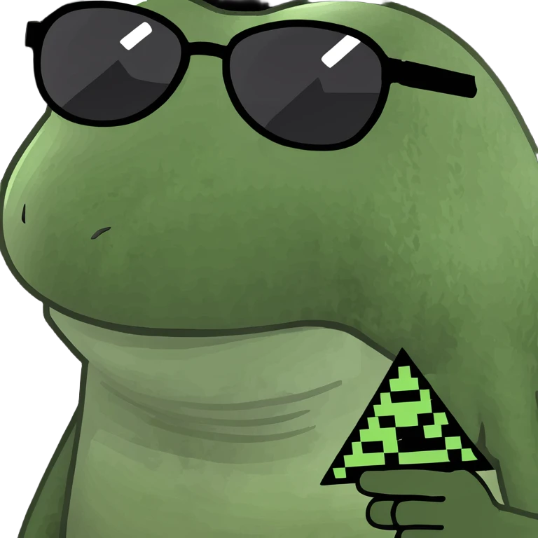 bufo with triangle shaped 8 bit sunglasses full black, confident smile, with a mini full dark powerful orb in his hand emoji
