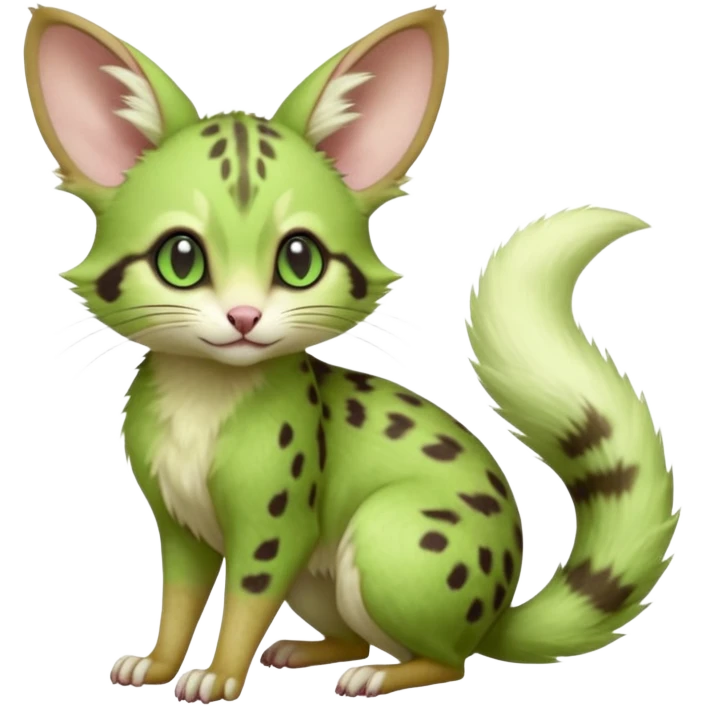 Light-neon-green, soft realistic romantic vintage antique divine beautiful elegant pretty precious cute young youthful  Fakémon-Pokémon-opossum-feline-mouse-serval-caracal-chinchilla-Minccino-Cinccino-Meowstic-rodent-hybrid-creature (full body) emoji