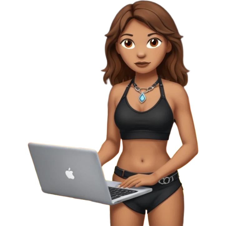 a NEANDERTHAL WOMAN WITH BROWN HAIR STANDING BY A FIRE AND TENT WITH BLACK WOLF HALTER TOP AND A LAPTOP emoji