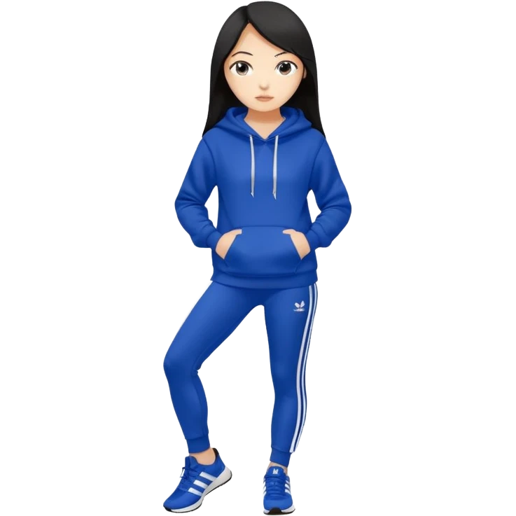 A pretty white/asian tanned girl with medium long strait dark brown almost black hair wearing a royal blue hoodie and leggings with adidas sambad emoji