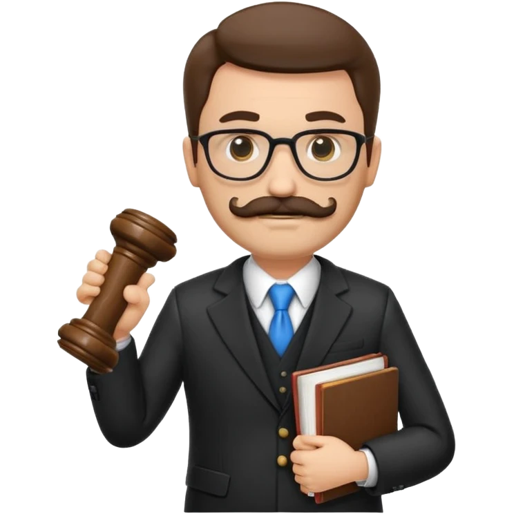 “Create a clean, modern emoji-style illustration of a male lawyer. He is wearing a formal suit jacket. He is holding a judge’s gavel in one hand and has a law book tucked under his arm. He has a mustache and beard!, and he is wearing glasses. emoji