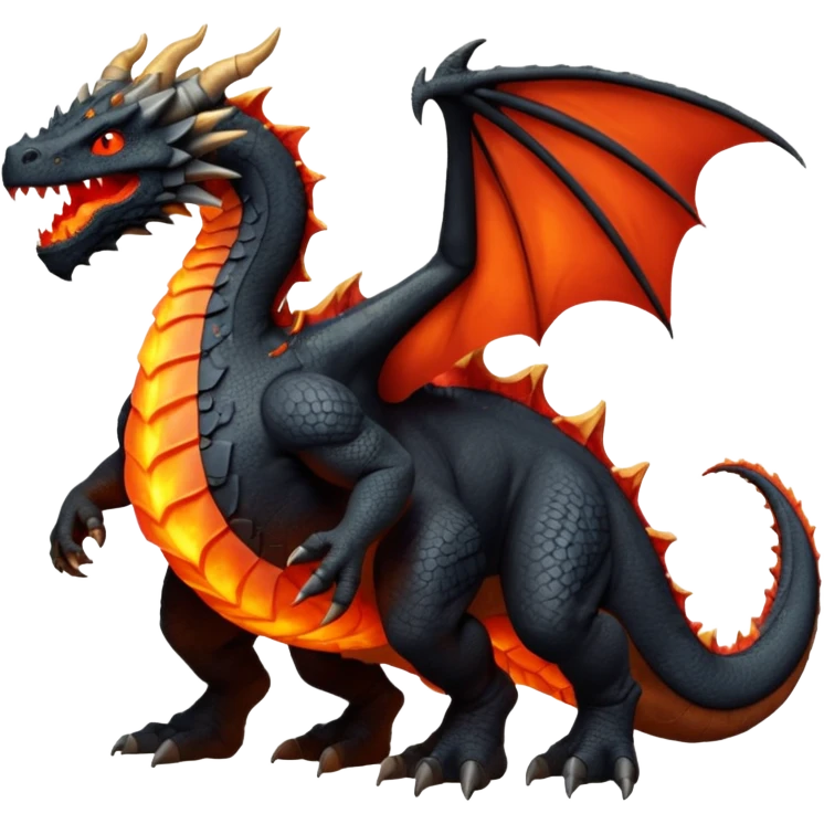 Le Molosse de Lave, c’est un monstre volant fait de roche et de magma, genre un dragon golem sorti d’un donjon niveau enfer.
Son corps est énorme, tout en pierre noire craquelée emoji