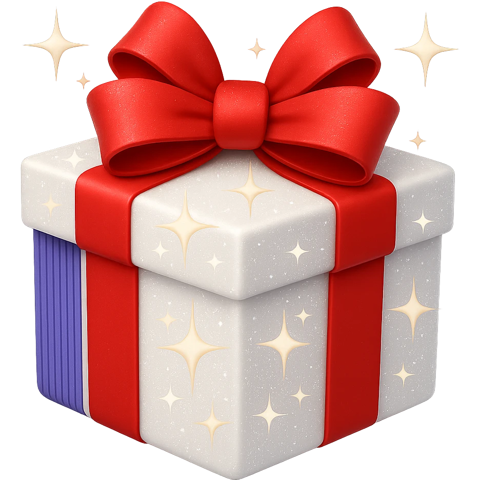 Add sparkles to the white present with bow. Keep the background transparent. The style is a white present with a bow and a transparent background. emoji