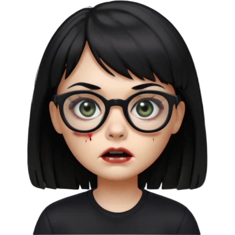 A zombie girl in Apple Memoji format with straight black hair with bangs, wearing a black shirt and black glasses emoji