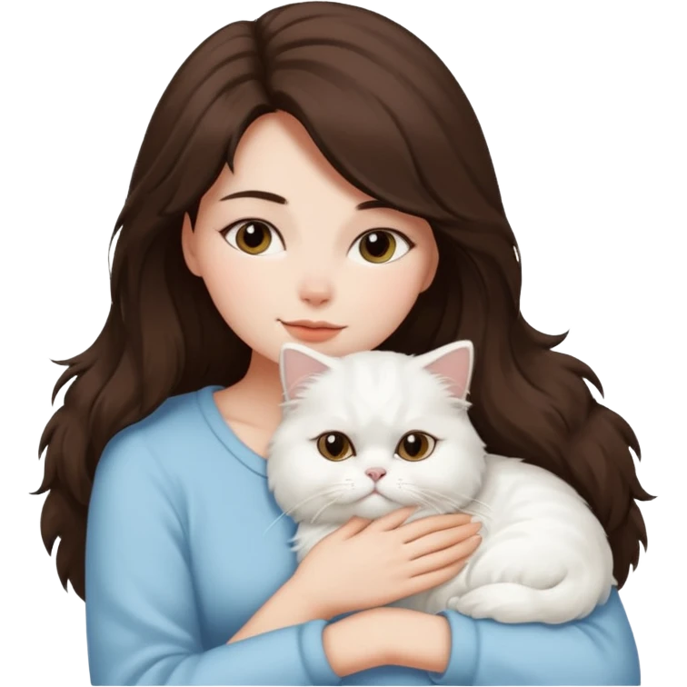 Brunette woman snuggling white Persian cat emoji
