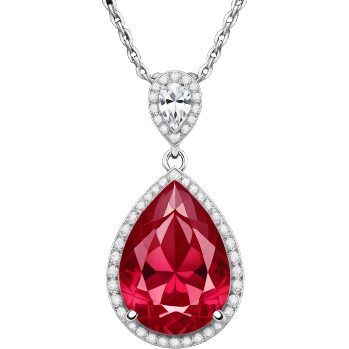 teardrop ruby pendant with silver chain and white stones, glowing with passion and renewal emoji