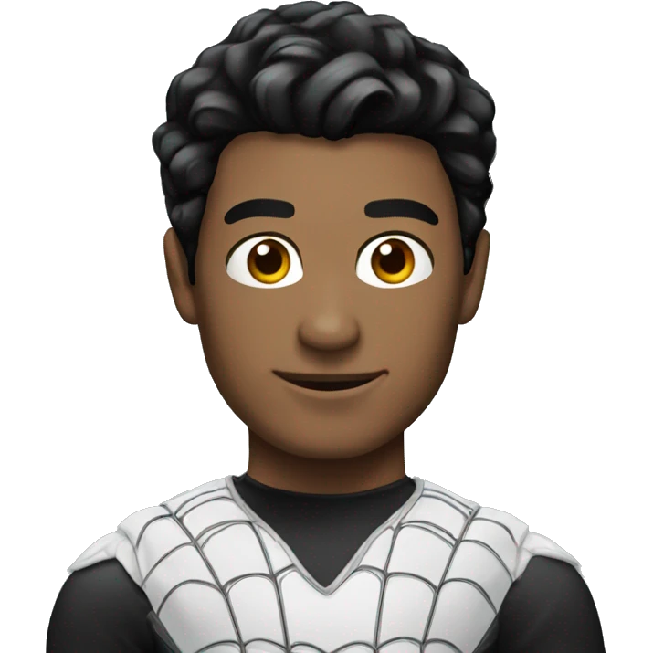 Man white with black hair in costume of spiderman emoji
