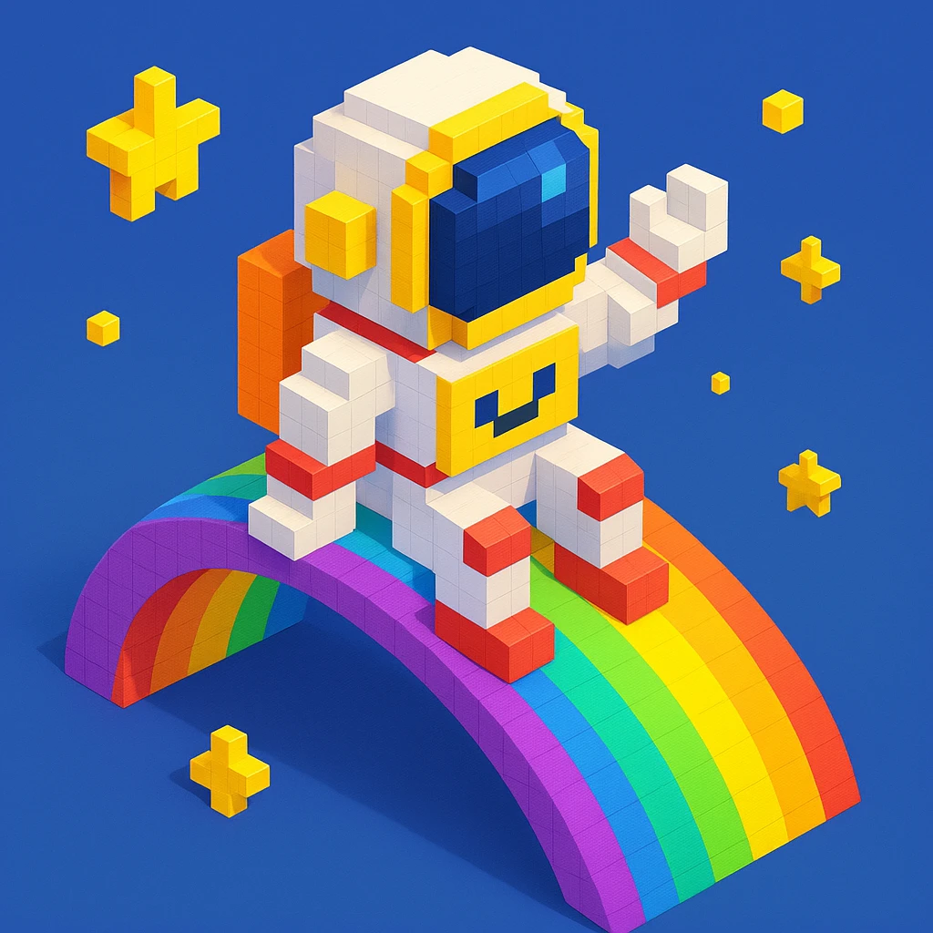 astronaut riding rainbow in starry night, colored background emoji
