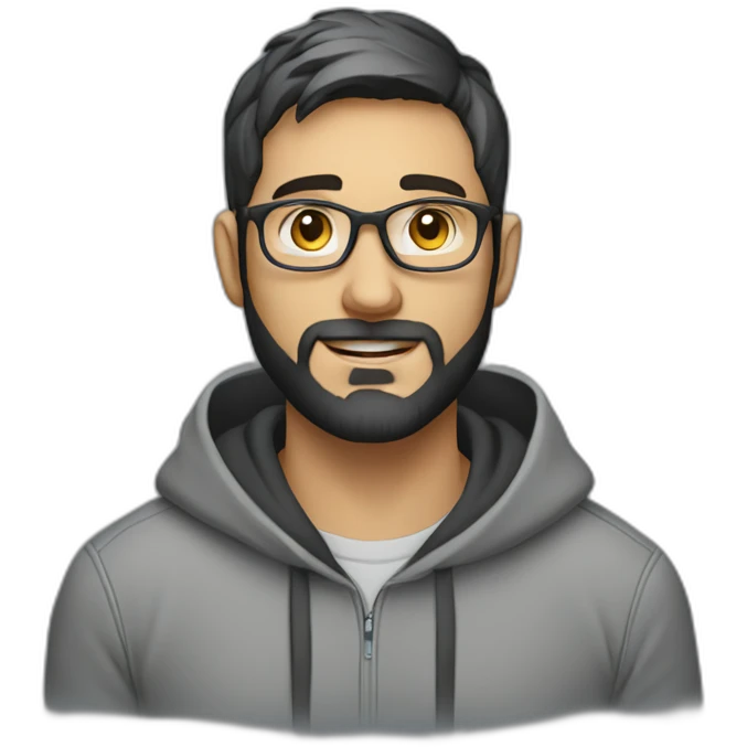 A project manager in a gray hoodie and with a short beard, with gray eyes, with short black hair without a parting, wearing glasses emoji