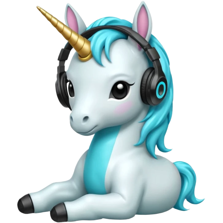 Unicornio bebé cyan sentado escuchando música con auriculares negros emoji