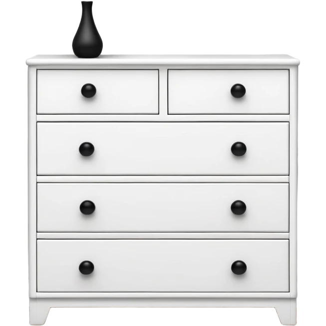 sleek white dresser with 6 drawers and small black knobs, minimalist and stacked emoji
