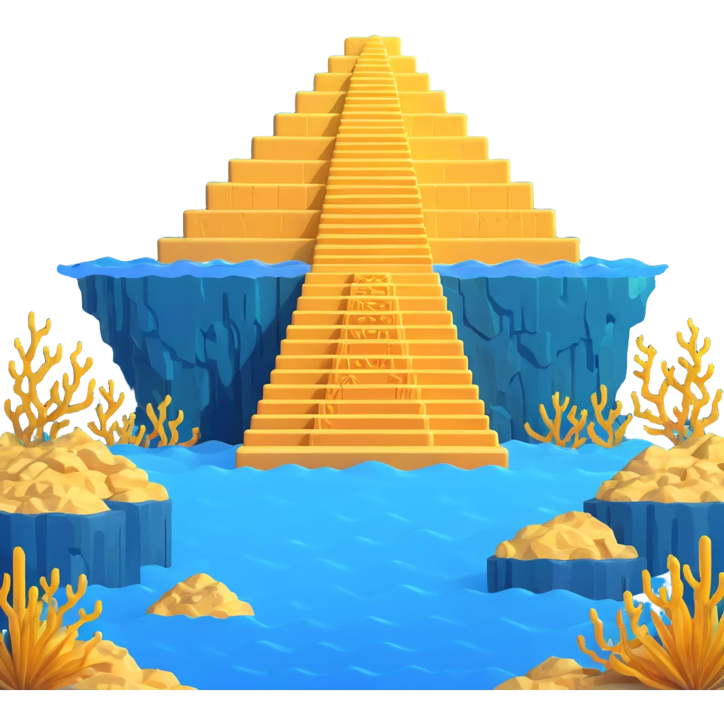 full ancient Anunnaki golden underwater ziggurat, stepped structure, glowing runes, sea plants emoji