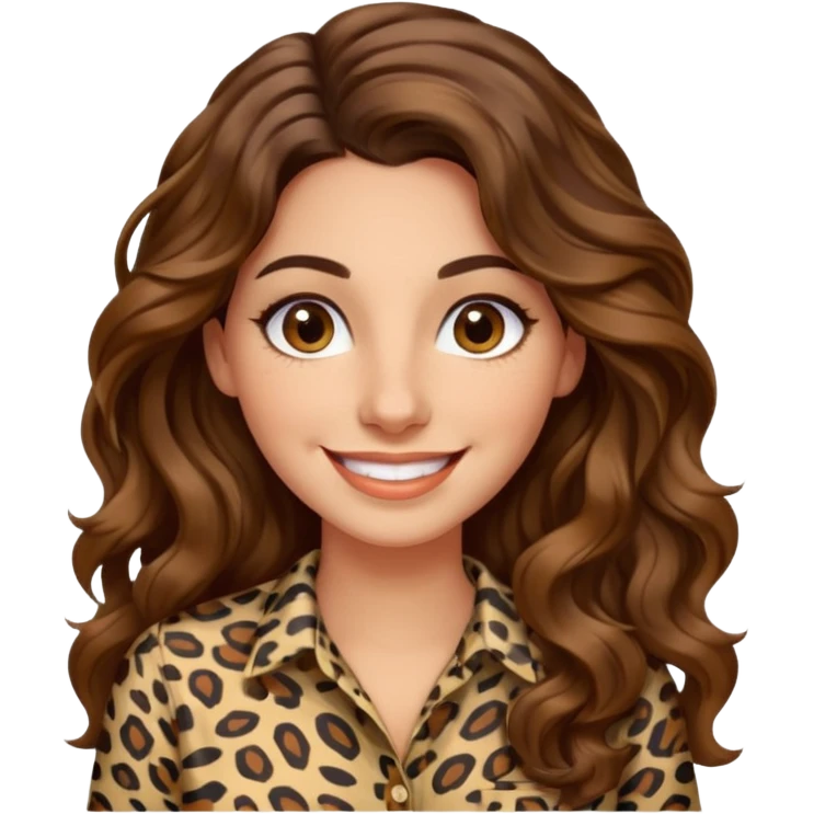 30 yr old italian woman, long brown wavy hair, big brown eyes, huge smile, animal print shirt, no bangs,  emoji