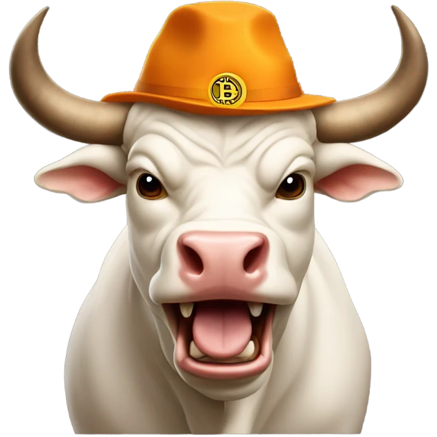Bull ready to charge wearing bitcoin hat emoji