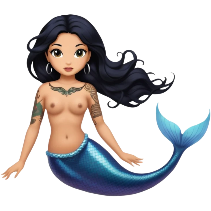 body tattoos, tanned, beautiful, woman, doll, black hair, black tail mermaid, anatomy are ola emoji
