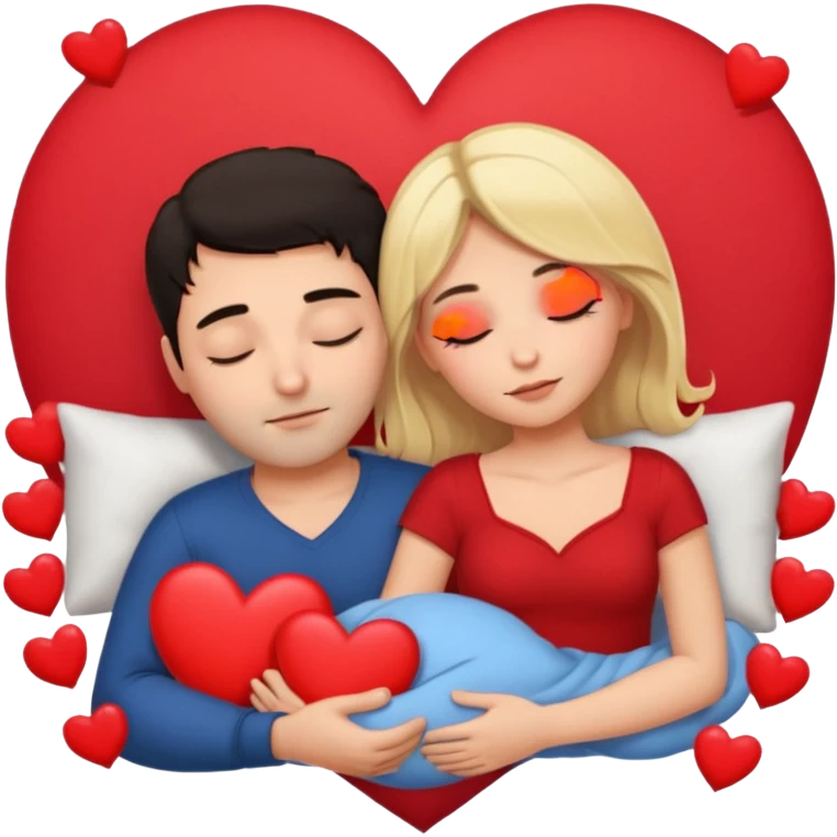 Sleeping couple. two people. man has dark hair. woman is blonde. hearts surrounding them. emoji