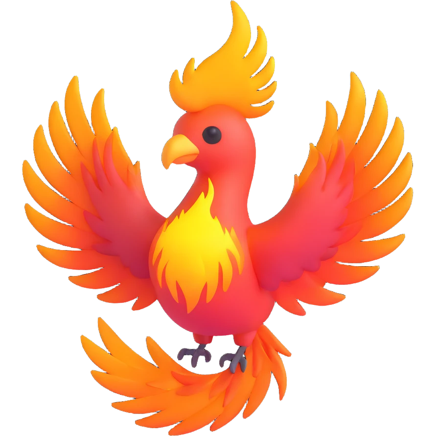 Transform this 3D emoji phoenix into a dark phoenix: make the bird's body black, with shining, vivid flames in orange, red, and yellow. Keep the background transparent. emoji
