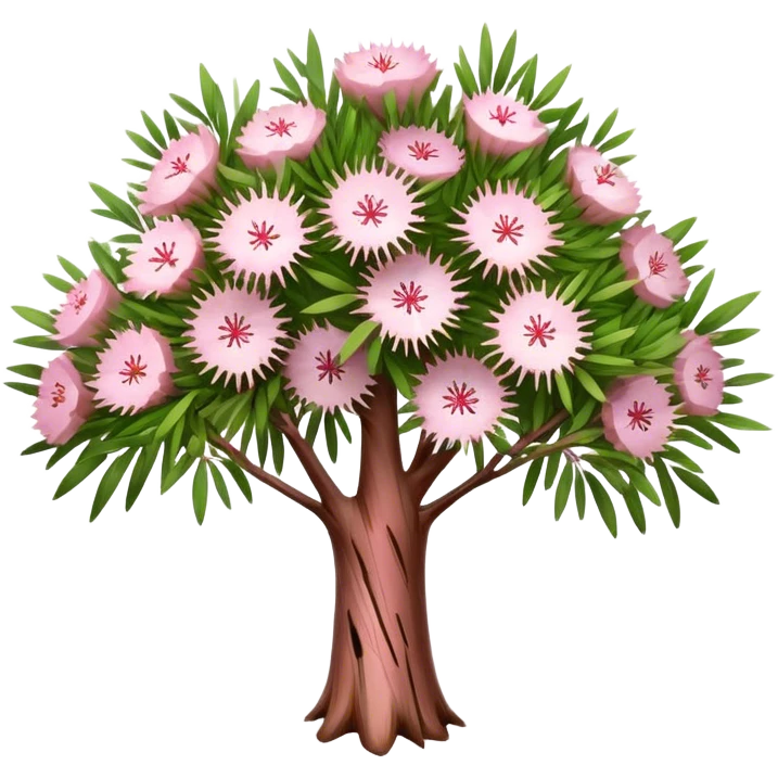 Cinematic Realistic Melaleuca Emoji, Elegant and resilient, with peeling, papery bark and delicate, needle-like leaves. The tree stands tall and graceful, with clusters of white and pink flowers dotting the branches. Soft glowing outline, capturing the essence of natural elegance and resilience in a beautiful melaleuca tree! emoji