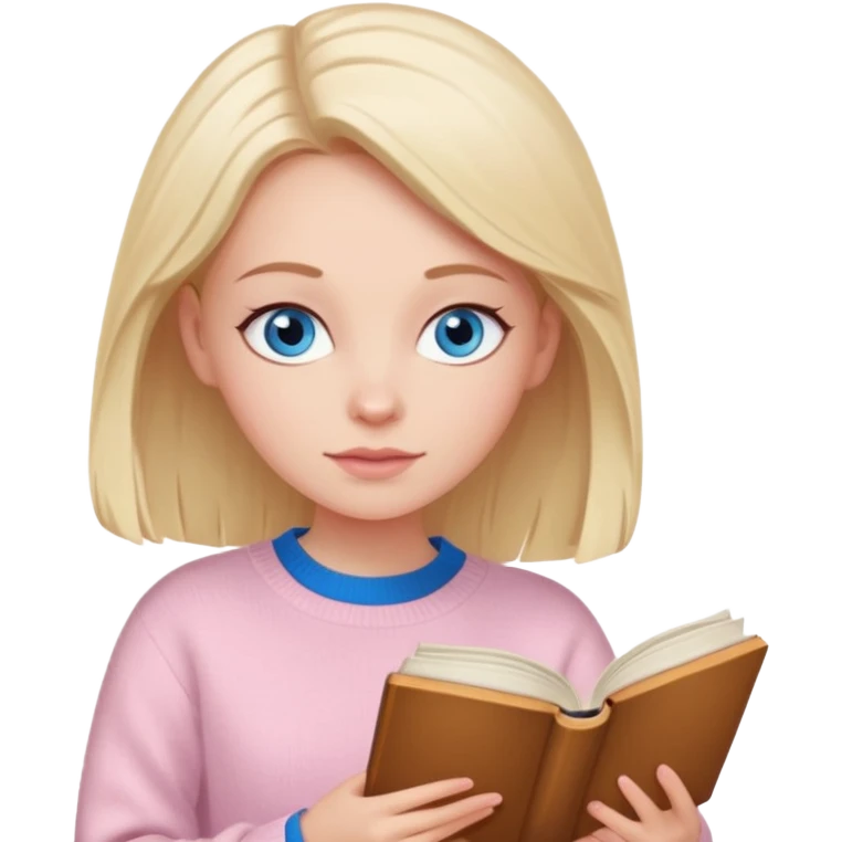 Pretty blue eyed white girl with light pink sweater reading cozy emoji