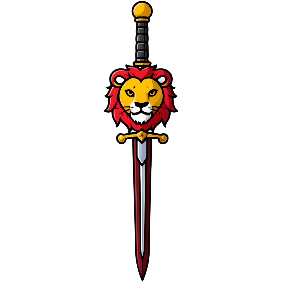 gold colored long sword with deep red handle and a gold lion on the end of the handle emoji