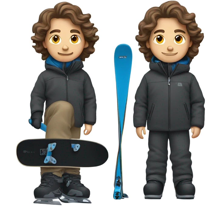 1 white Boy with wavy brown hair skiing with blue skis. He is wearing all black snow pants and a gray jacket   emoji