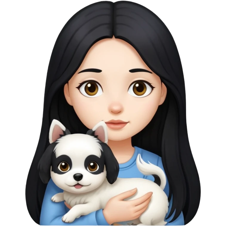 A girl with long black hair holding a little white dog emoji