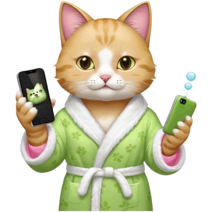 I want a CAT whit a iced macha on her paw and i want her to ne wearing a pink bath rope And she will have a face mask on her face and phone on the opisite paw whit the macha emoji