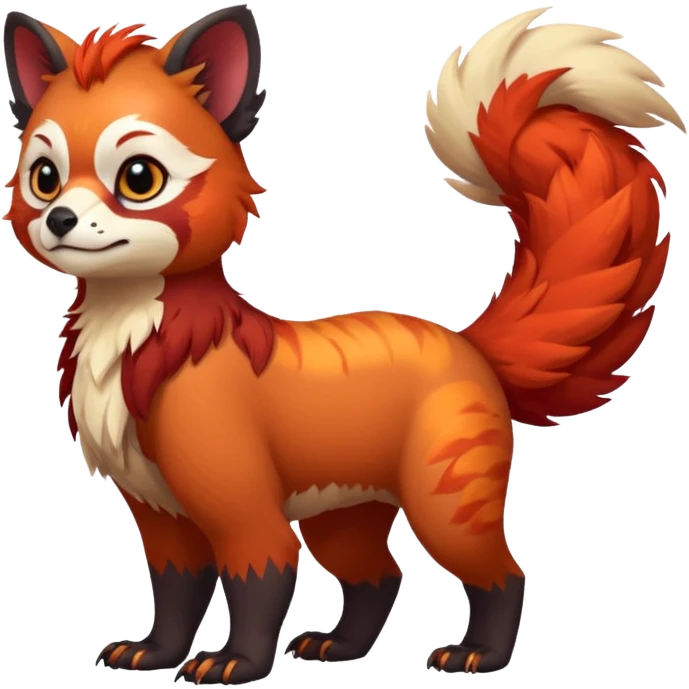 A beaked beaky 4-legged, feral, digitigrade, lanky, elegant, Gryphon-Griffin-Griff-Avian-hybrid, with Red-Panda-colors and markings, full body, cute, realism, with a long thin tufted tail, hyper-realistic  emoji