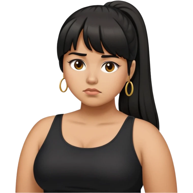 Latina girl with bangs black long hair in pony tail plus size black dress disappointed  emoji